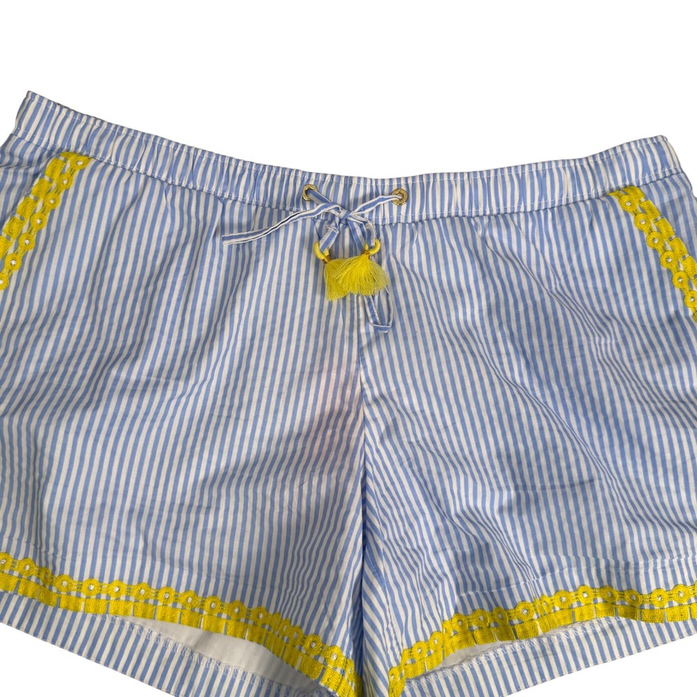 Lilly Pulitzer Katia Embroidered Shorts Women XL Blue Swizzle Stripe Yellow Trim